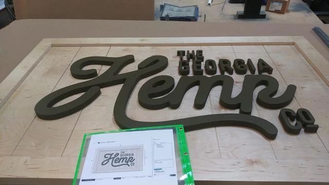 The Georgia Hemp Co 3D script logo sign cut and ready for installation